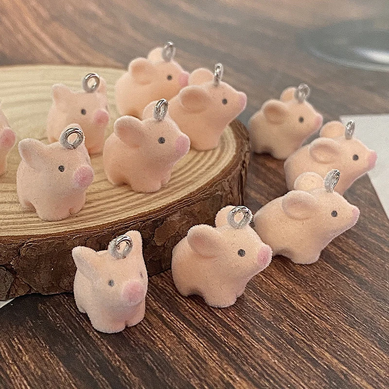 1pc 3D Mini Flocking Pink Pig Resin Charms Bulk Kawaii Animal Pendant For Earring Keychain Diy Jewelry Make Accessories