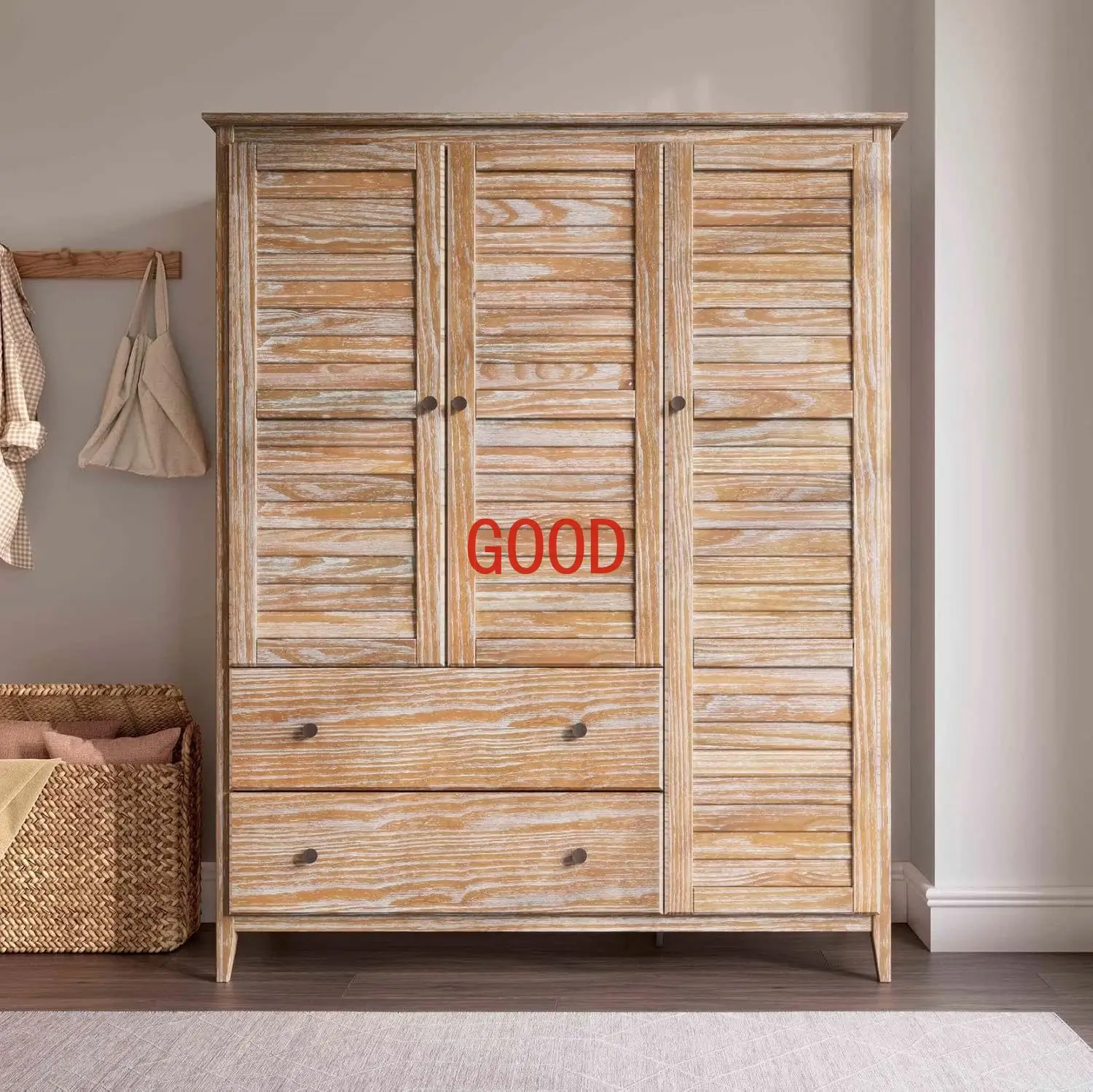 

Greenport 3-Door Wardrobe Solid Wood with Brushed Driftwood Finish Made of 100% Solid Wood Using Blockboard Construction