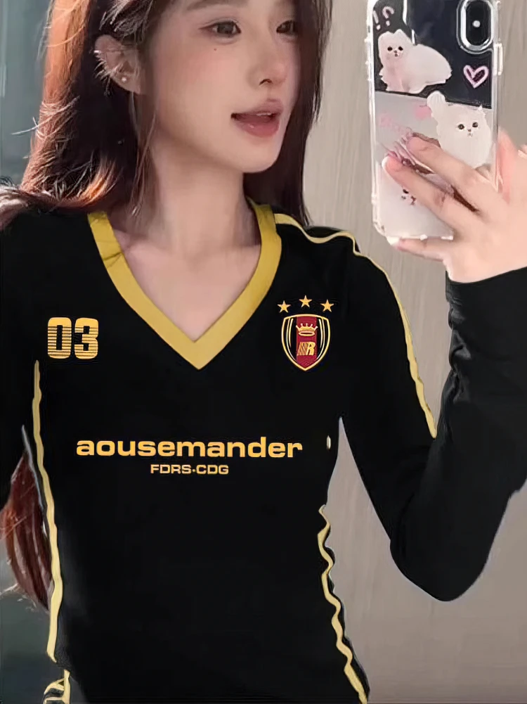 Y2k Sport Casual Long sleeve Crop Top Women Design Vintage V neck Black Basic T shirt Lady Sexy Body Plain Tee Biker Vintage