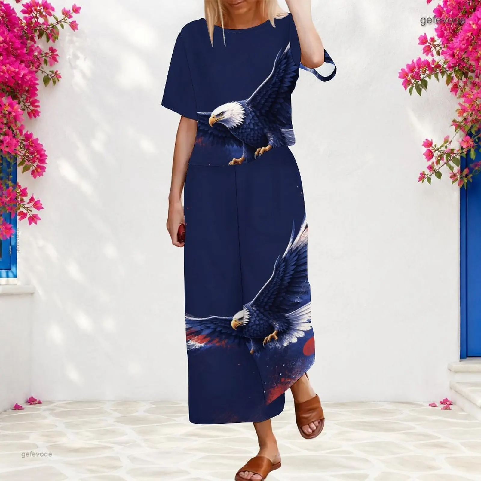 Women 2 Piece Outfit Round Neck Short Sleeve Top With Elastic Waist Wide Leg Pants Set Custom Print Ladies Casual Loungewear