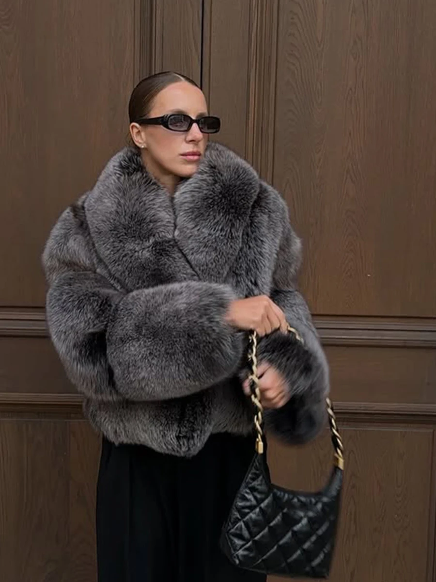 LIMO Women Oversized Big Lapel Faux Fox Fur Short Coat Open Front Fluffy Plush Jacket