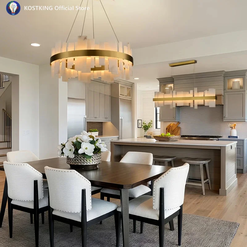 Modern Alabaster Round Chandelier LED Gold Black For Dining Room Bedroom Bar Study Marble Pendant Lighting Fixture