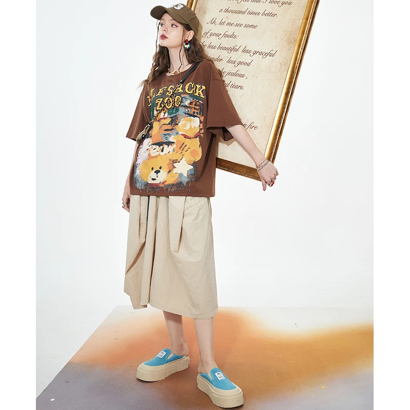 ELFSACK Wide Leg Elastic Waist Buckle Strap Cropped Pants for Women