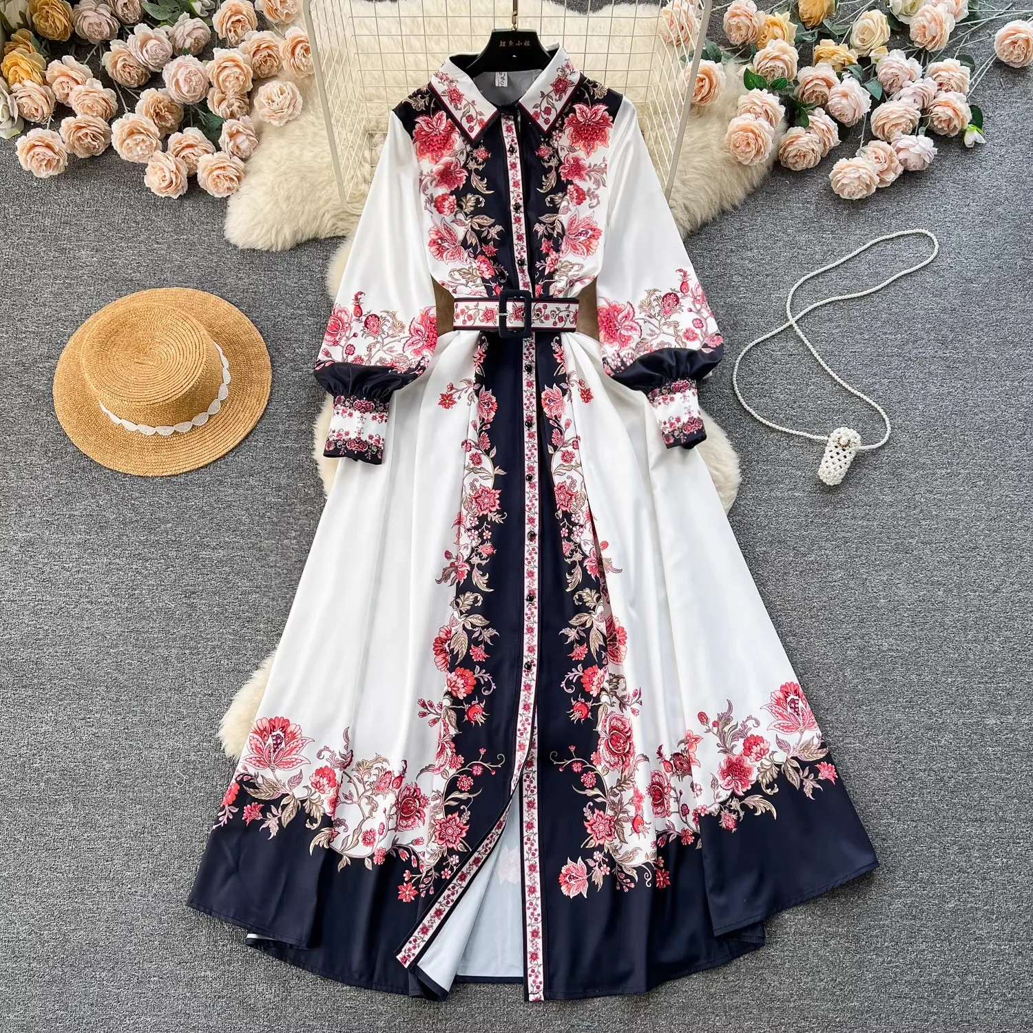 

2024 Fashion Runway Floral Print Shirt Dress Women Turn Down Neck Lantern Sleeve Single Breasted Belt Long Casual Holiday Robes