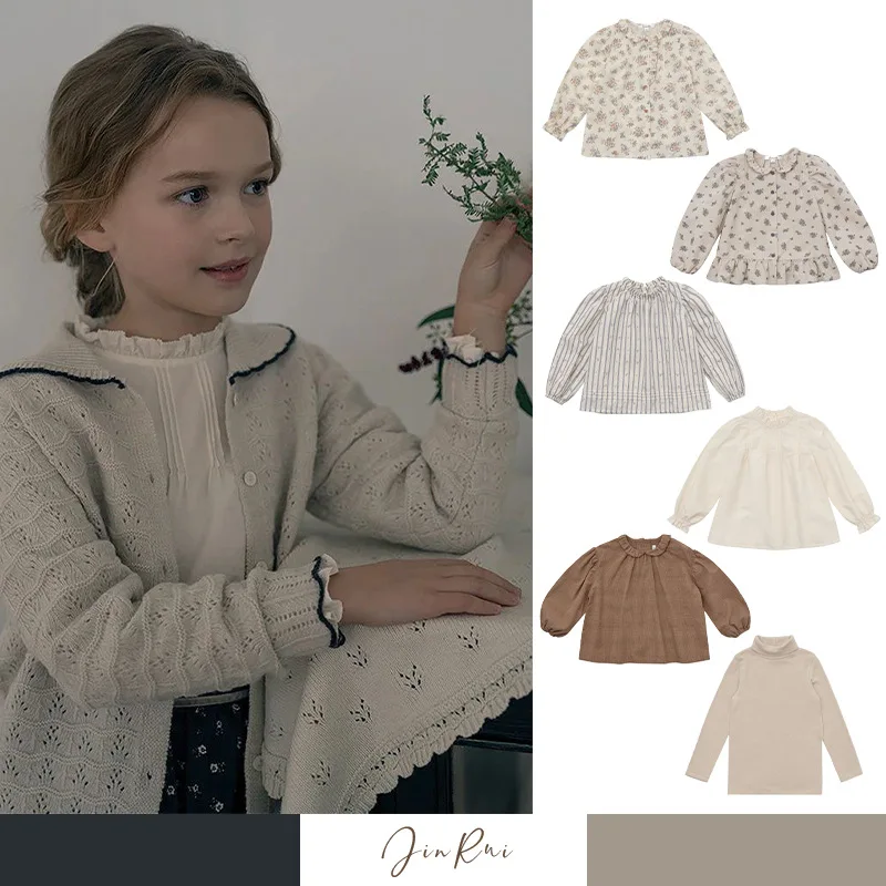 

2024 Классический милый повседневный женский осенне-зимний новый топ с длинными рукавами, базовая рубашка, полностью хлопковый топ с цветочным принтом и небольшим воротником-стойкой