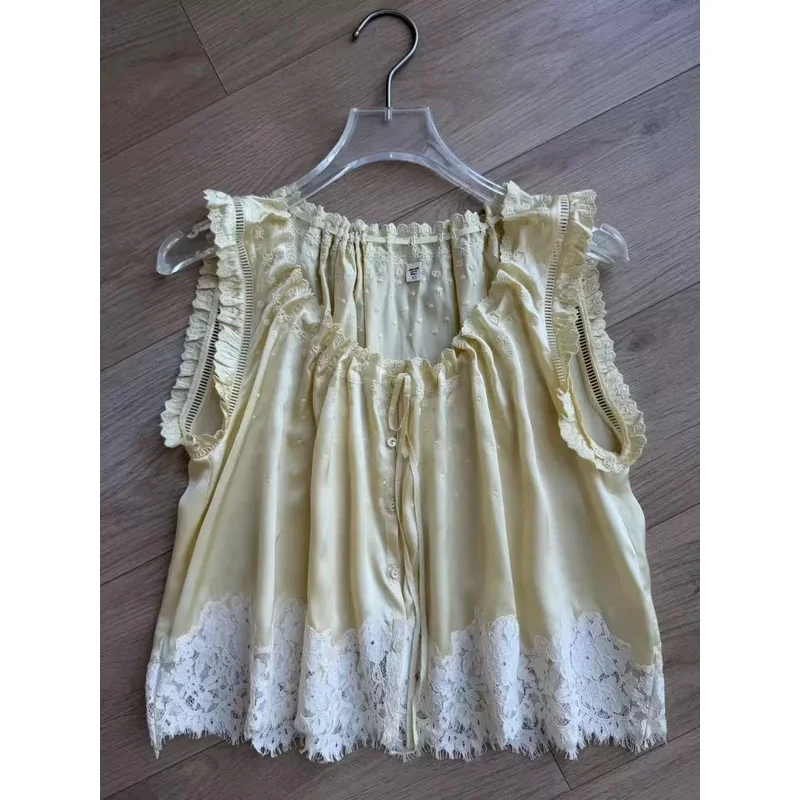 Women Yellow or Blue Tank Top Lace Embroidery Spliced U-Neck Sleeveless Single Breasted Fashion 100% Silk Vest