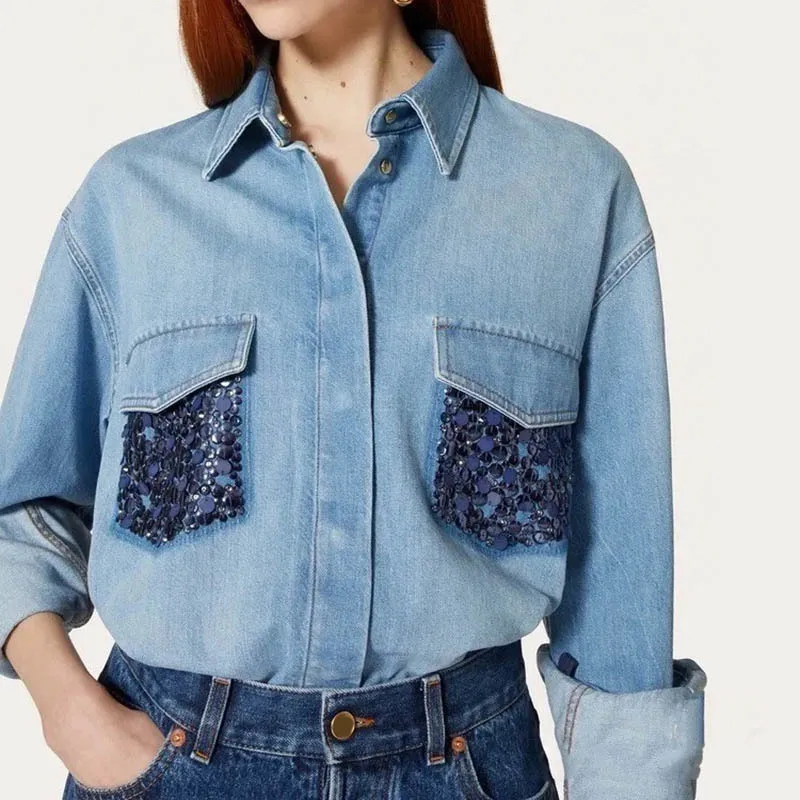 Women's Elegant Embroidery Sequined Denim Shirt Fashion Pure Cotton Lapel Single Breasted Loose Blouse High End Clothing New 24