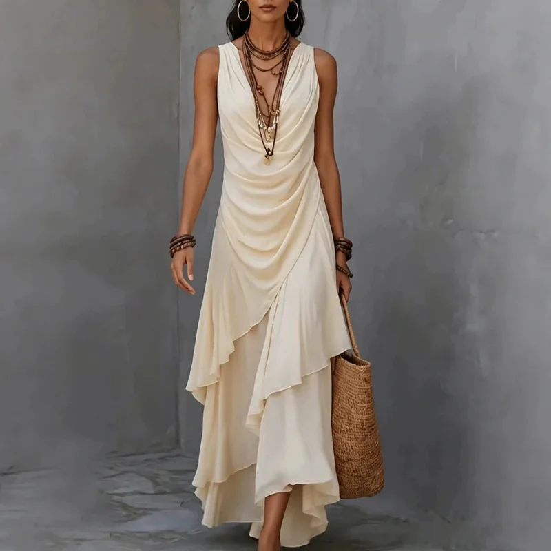 Women'S Sleeveless Draped V Neck Maxi Dress Ruched Waist Asymmetrical Tiered Ruffle Flowy Gown Boho Vacation Party Long Dress