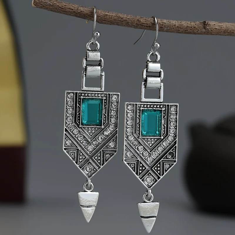 Ethnic Square Green Stone Earrings Vintage Originality Gold Color Metal Carving Pattern Hanging Accessory Dangle Earrings