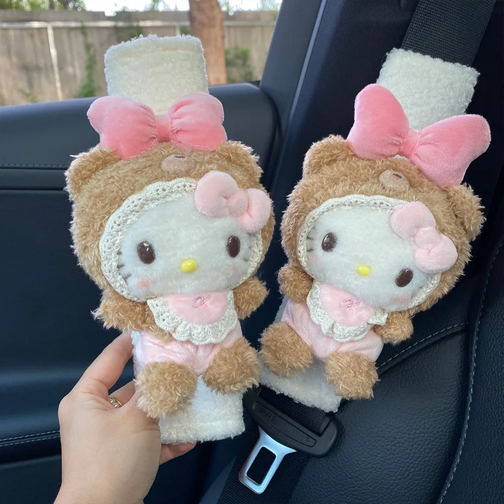 Sanrio Hello Kitty Plush Car Seat Belt Shoulder Cover & Hanging Tissue Box Cute Car Interior Decor Kit Lovely Gift for Girls