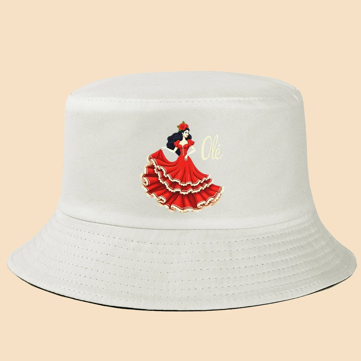 1 pieza de sombrero tipo pescador rojo con estampado de bailarina de flamenco y falda larga, adornado con letras 'Olé'. Estilo vintage elegante, moderno y a la moda.