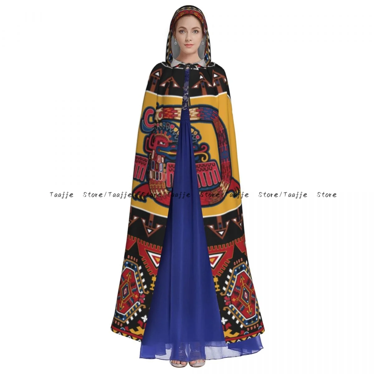 Aztec Mexican Pattern Witch Cloak Hooded Cosplay Costume Halloween Adult Long Party Cape