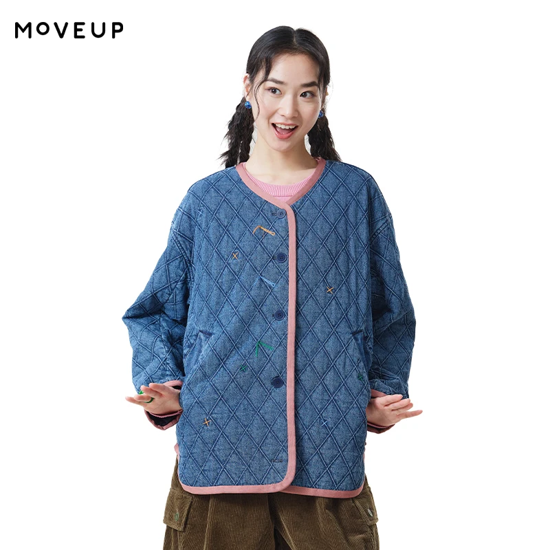 MOVEUP Women's Jacket FUN Series Contrast Stitch Tassel Eyelet Mid-length Cotton Jacket 2026 Fall New Casual Outerwear 3ELQ40901