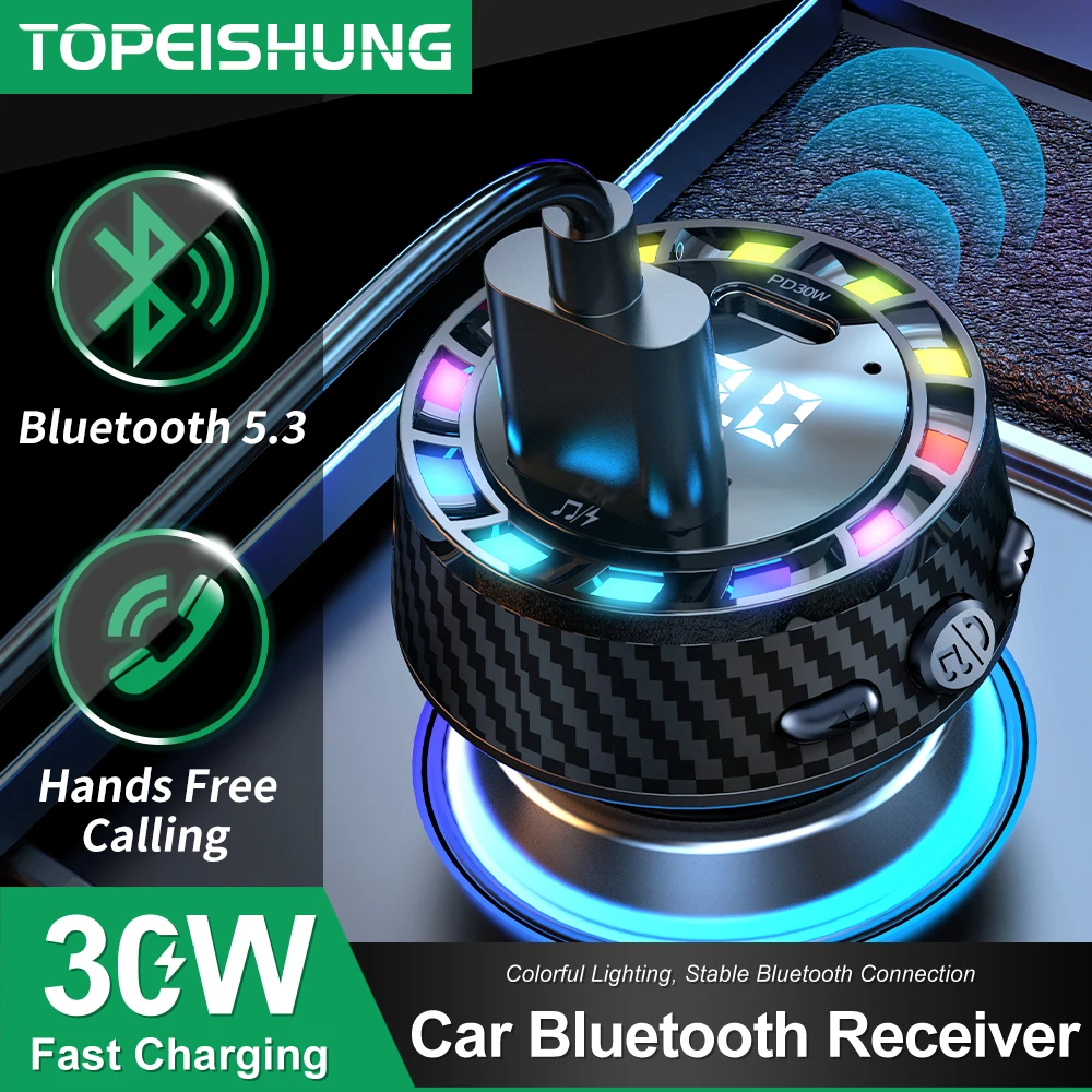 TOPEISHUNG Car Bluetooth 5.3 FM Transmitter Car Charger Audio Dual USB Type C Fast Charger Colorful Light Handsfree MP3 Player