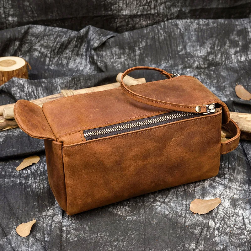 Men's crazy Horse leather clutch, multi-functional genuine leather toiletry bag, large-capacity women's makeup storage bag