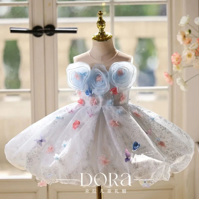 Kinder-Feenprinzessin-Kleid, kurzes Ballkleid mit 3D-Blumen, Tüllkleid mit bunten Blumenapplikationen für Mädchen, Hochzeit, Geburtstagsfeier A5102 – Detail 6