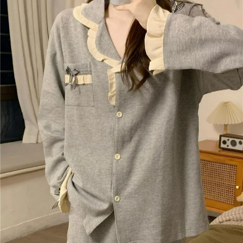 

New Ins Sweet Lotus Leaf Edge Pajamas Women's Korean Version Simple Long-sleeved Trousers Girl Loungewear Two-piece Set Comfort