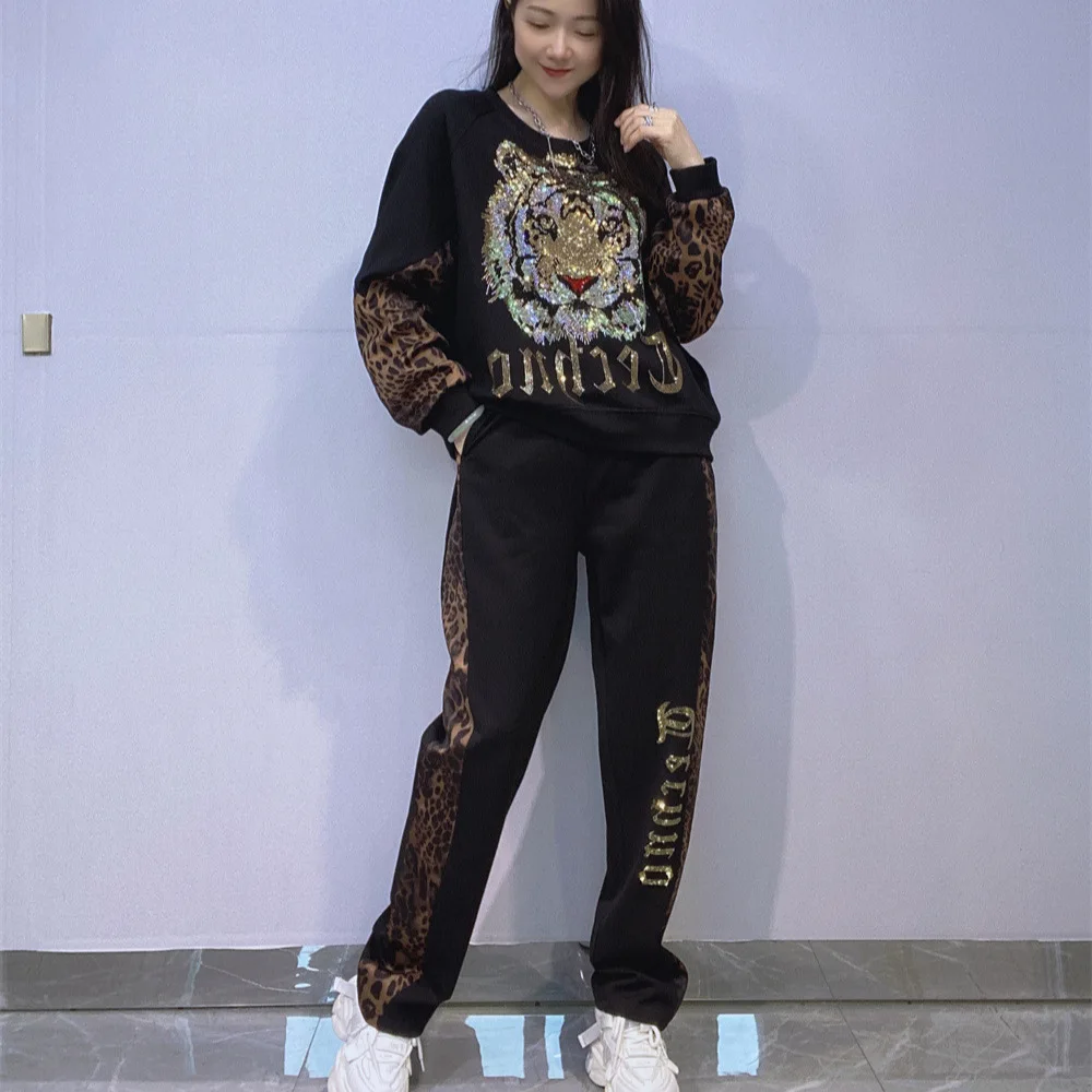 Cartoon Diamonds Two Piece Sets Womens Outifits Side Leopard Print Spliced Long Pants Casual Knitting Women Autumn Tracksuit