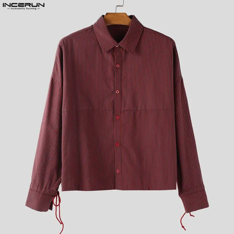 

INCERUN Мужская полосатая рубашка с лацканами и длинными рукавами на пуговицах, повседневная мужская одежда, свободная уличная одежда, топы в корейском стиле, модные мужские рубашки