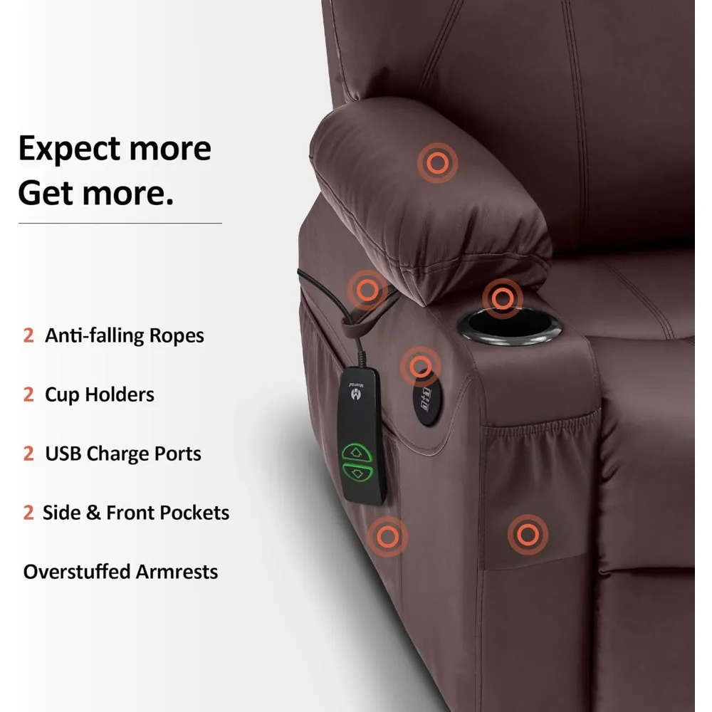 Electric Power Lift Recliner เก้าอี้โซฟานวดและความร้อนสําหรับผู้สูงอายุ,3 ตําแหน่ง,2 กระเป๋าด้านข้างและถ้วยผู้ถือพอร์ต USB