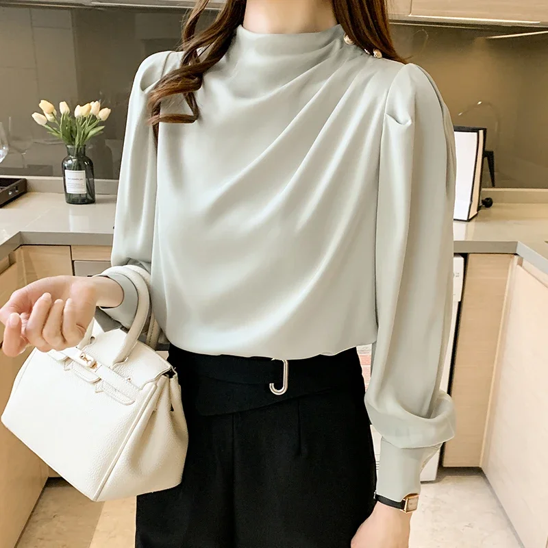 Blusas Mujer De Moda 2024 Stand Collar Blouse Women Long Sleeve Chiffon Blouse Shirt Women Tops Women Blouses Shirts Blusa G364