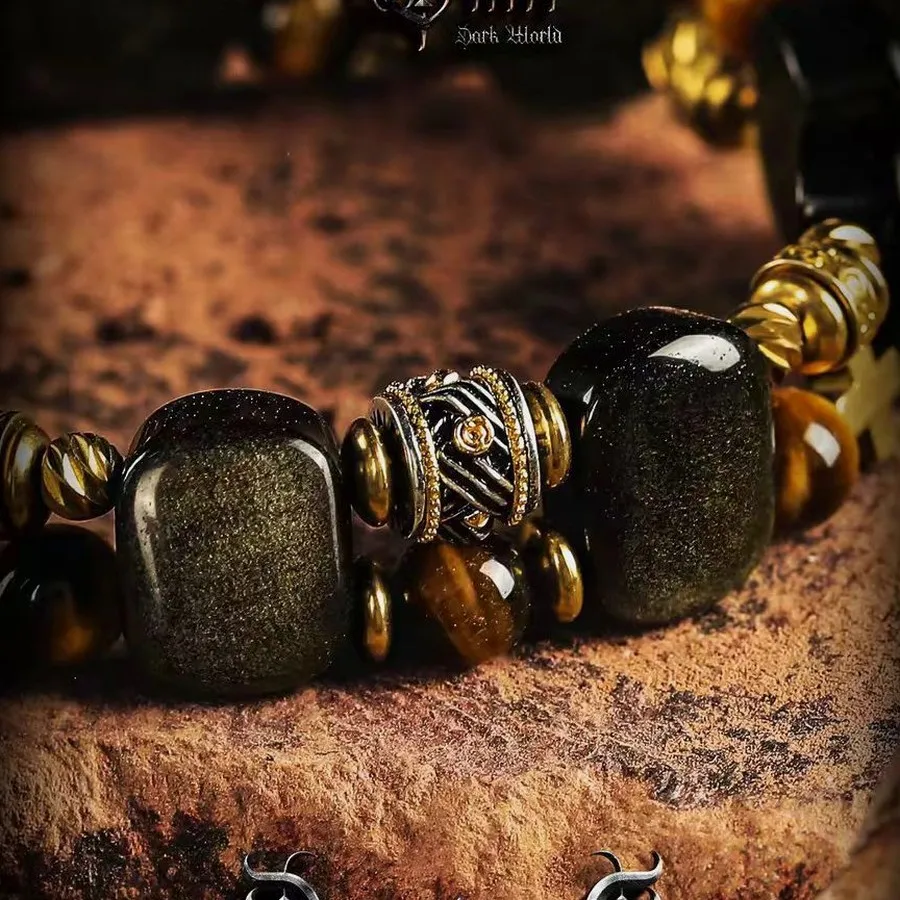 Gold Black Obsidian Tiger Eye Beaded Bracelet for Men Vintage Retro Personality Birthday Gift Handmade Stone Jewelry