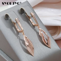 SYOUJYO 585 Rose Gold Color Long Leaf Drop Earrings For Women Natural Zircon Elegant Wedding Jewelry Trendy English Earring