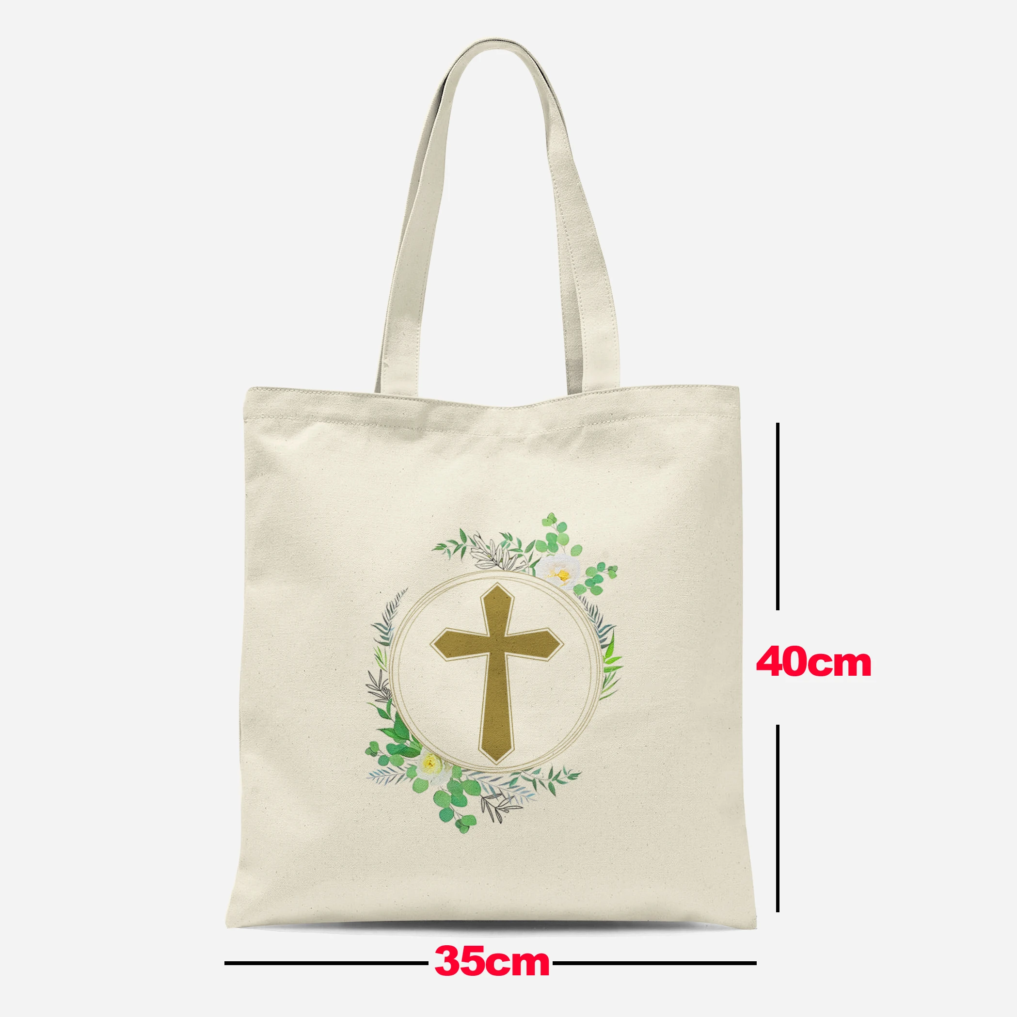 Cross shaped circular green floral wreath canvas bag, popular culture printed handbag, storage, travel women's shoulder bag