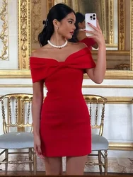 Fashion Red Bow Strapless Women Mini Dress Sexy Backless Sleeveless Bodycon Dresses 2024 Female Chic New Party Club Robes