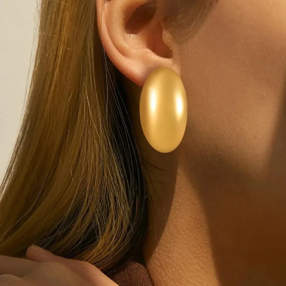 Minimalist Retro Gold Color Stainless Steel Brushed Smooth Surface Oval Stud Earrings for Woman Jewelry Accessories Not Allergic