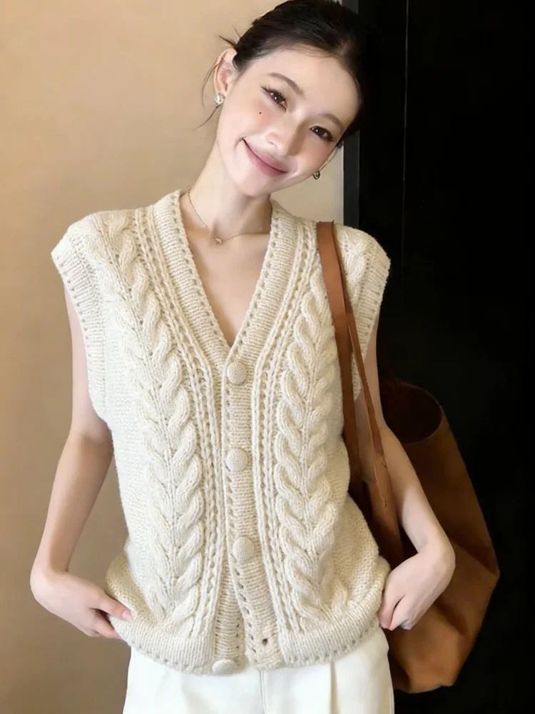 Slimming V-Neck Knitted Sweater Vest Women's Fashionable Autumn Winter Cardigan Twist Yarn Layering Top Korean Style Straight...