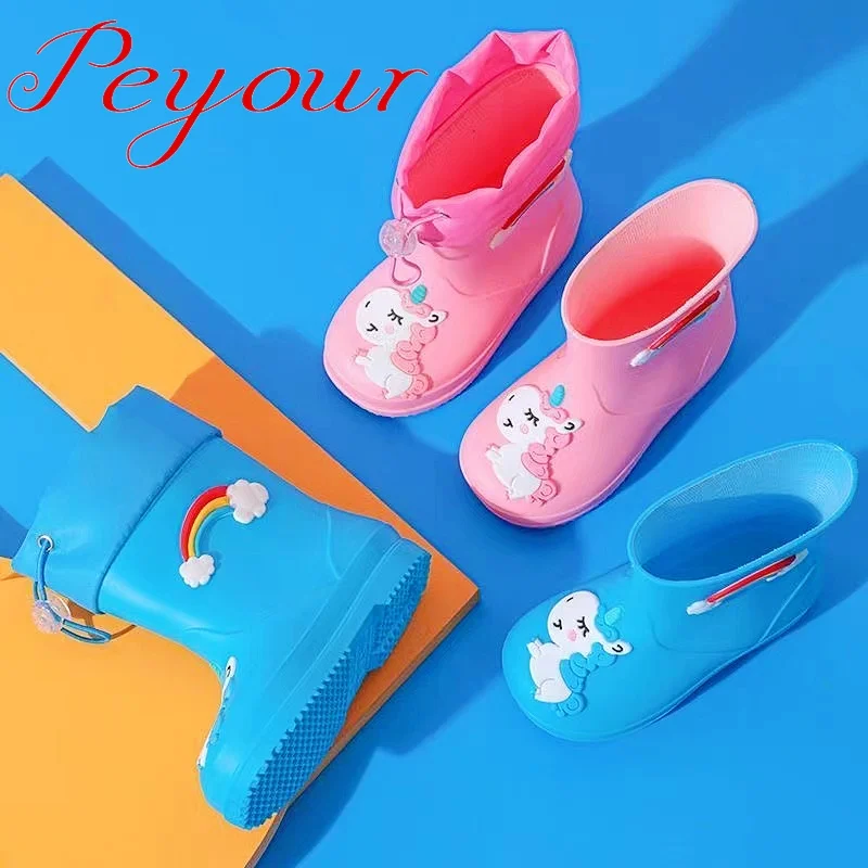 Simpatico cartone animato unicorno arcobaleno Slip On stivali da pioggia per ragazze, stivali da pioggia antiscivolo impermeabili per viaggi