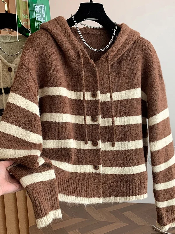 女性の秋冬ルーズニット帽子セーターストライプカジュアル Sle ファッショナブルな怠惰なヴィンテージトレンディな新着トップ