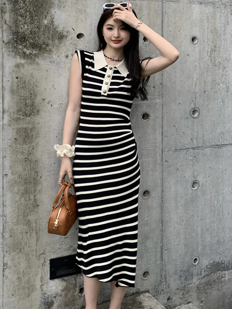 Women Stripe Knitted Dress 2024 Summer Elegant Fashion Lady Turn Down Collar Sleeveless Elastic Waist Bodycon Party Dress Female