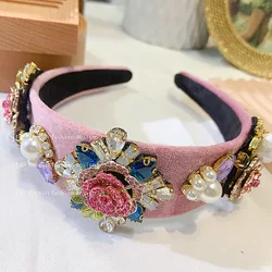 Baroque Romantic Pink Diamond Flower Sparkling Headband Crown Head Wrap Fashion Show Clothing Head Band Bridals Headwear Jewelry