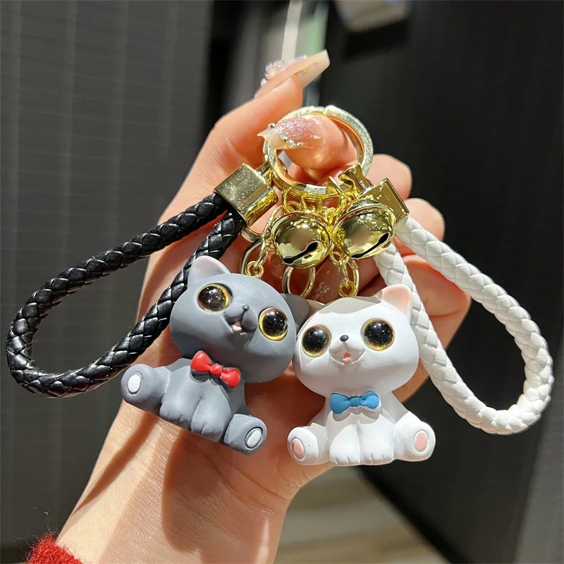 Resin Sitting Bowtie Cat Keychain Adorable Big-Eyed Kitten Keyring Unisex Bag Accessory & Small Gift