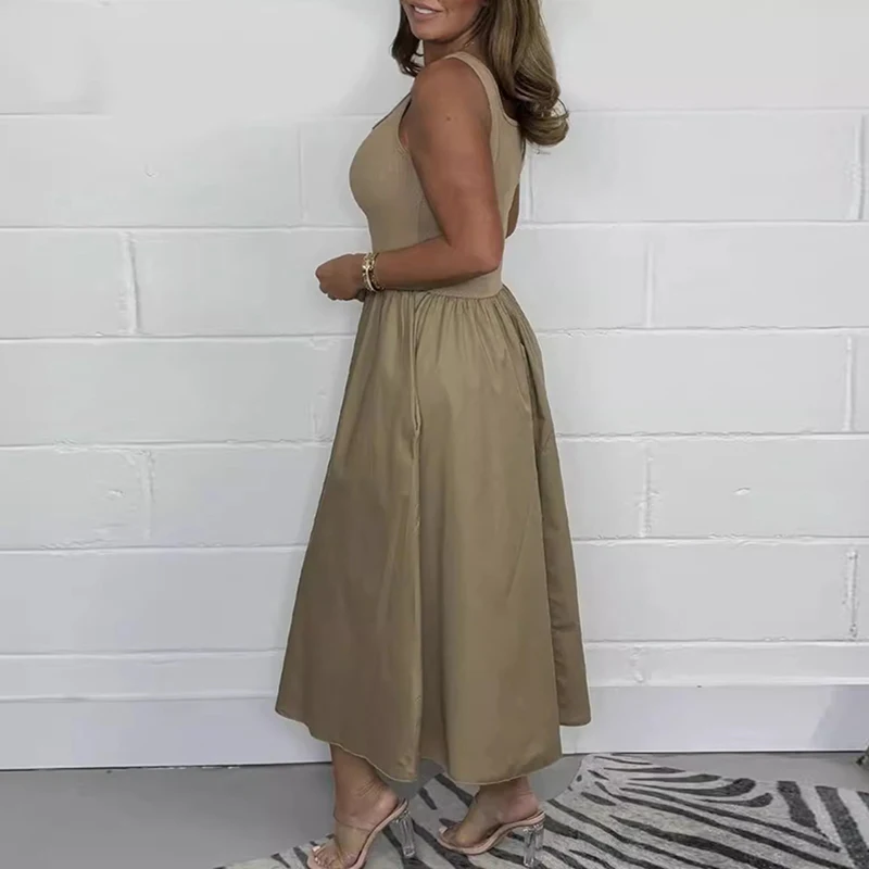 فضفاض ألف خط فستان طويل عادية الصلبة الراحة فساتين الحفلات البسيطة الربيع الصيف بلا أكمام تانك تي شيرت فستان المرأة مثير U الرقبة