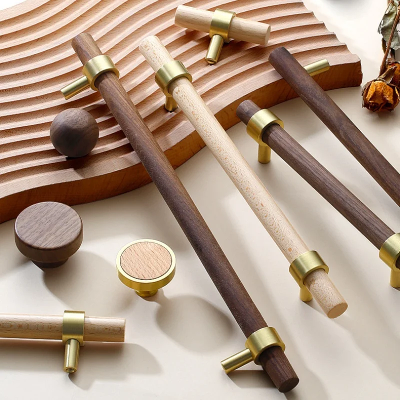 New Chinese Solid Brass Walnut Wood Cabinet Door Handles Beech Wood Kitchen Accessories Wardrobe Drawer Knobs Furniture Handles