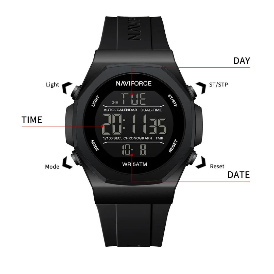 NAVIFORCE رجل ساعة رقمية عادية الرياضة الرجال الساعات الغاز المرحلة سيليكون حزام مقاوم للماء توقيت شاشة الكريستال السائل ساعة يد رجالي #4