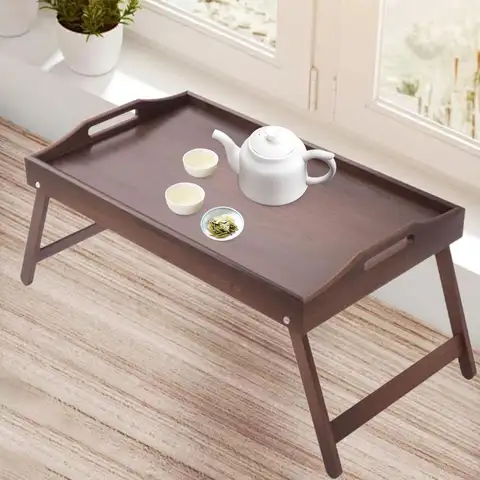 Wood Bed Tray Tea Table With Handle with Foldable Legs Multipurpose Snack Breakfast Serving Platter for Sofa Couch Bedroom Home