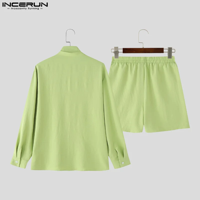 INCERUN เสื้อกันหนาวผู้ชายชุดสีทึบ OVERSIZE เสื้อแขนยาวและกางเกงขาสั้น 2PCS Streetwear ฤดูร้อน 2025 วันหยุดผู้ชายชุดลําลอง S-5XL