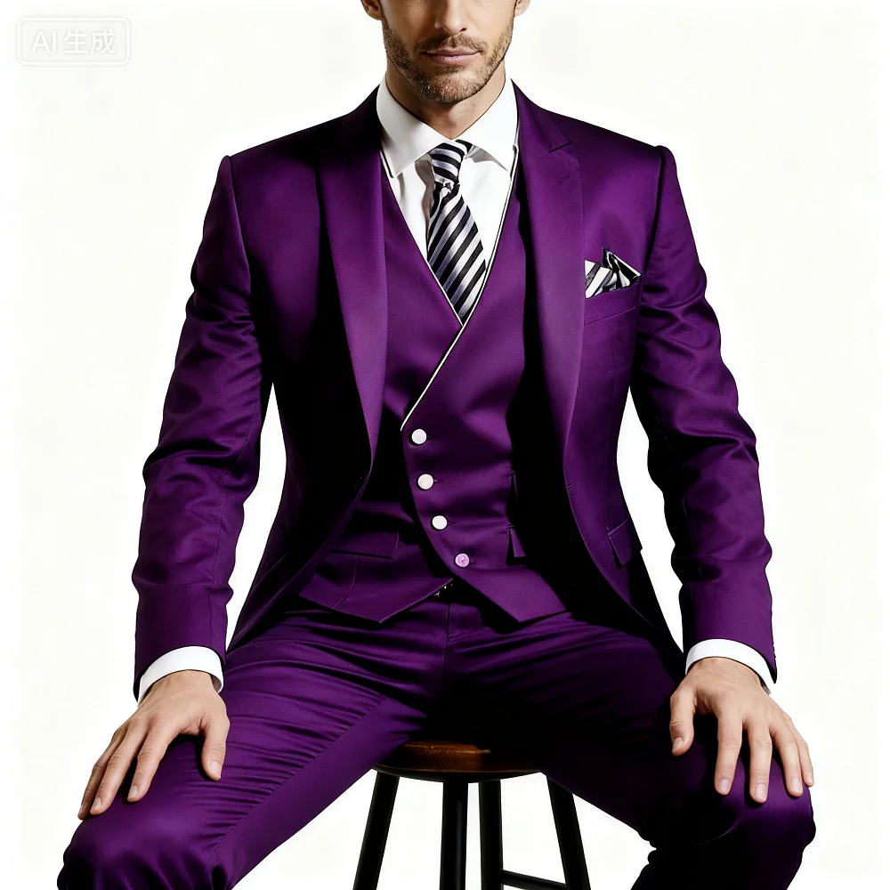 

Solid Color 3-Piece Men's Suit Fashionable New Formal Business Wedding Unique Button Lapel Tuxedo Vest Pants Set