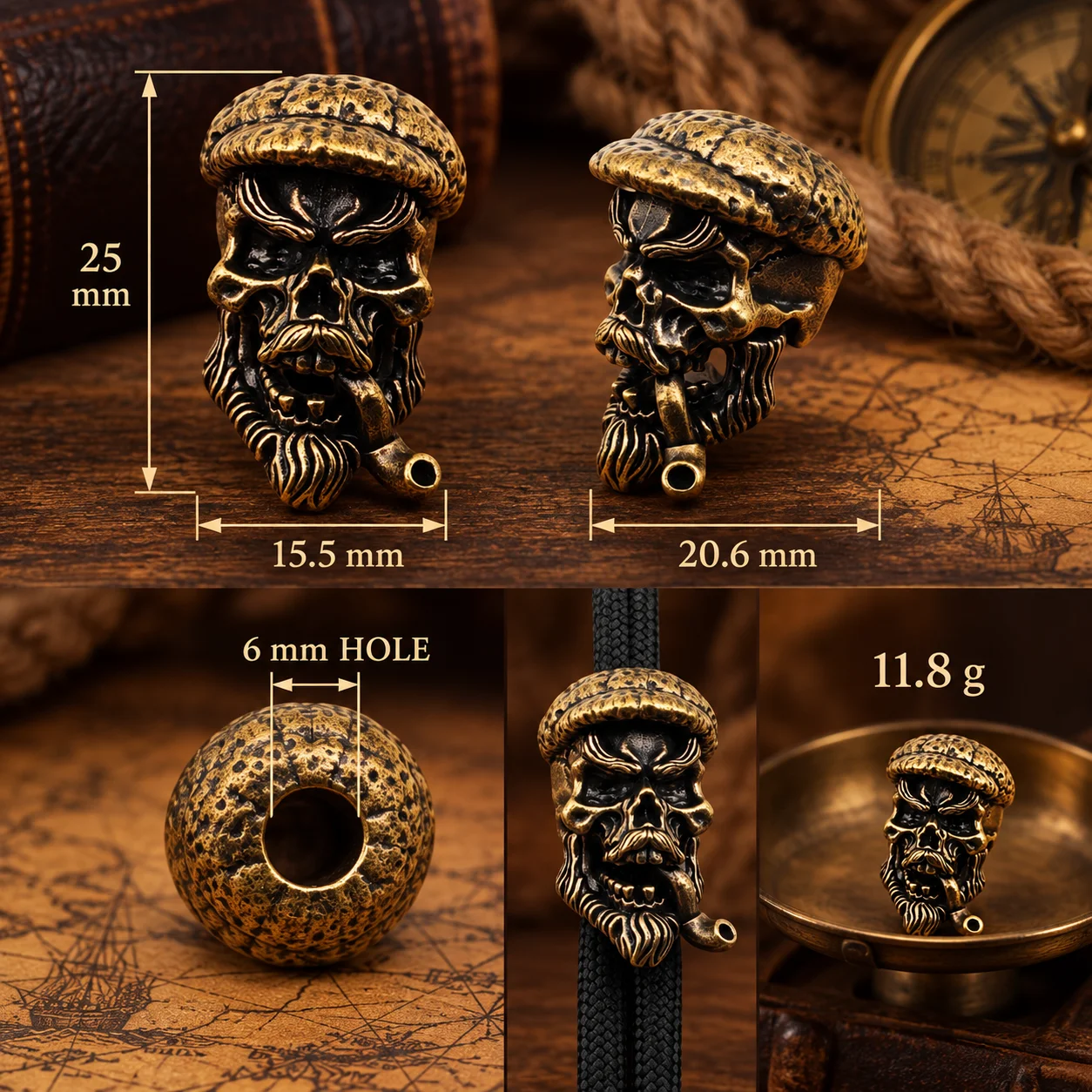 Antique Brass Sailor Captain Skull Paracord Bead EDC Knife Lanyard Pendant Outdoor DIY Bracelet Keychain Accessories