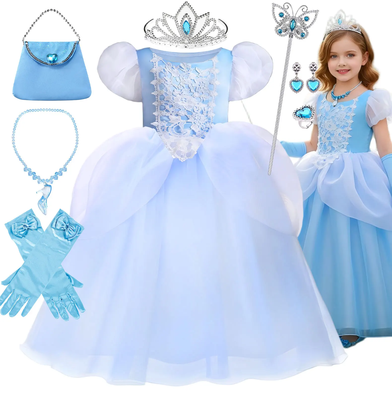 Girls Blue Puffy Princess Dress Lace 3D Flower Ball Gown Kids Birthday Party Cendrillon Outfit Halloween Cindy Role Play Costume