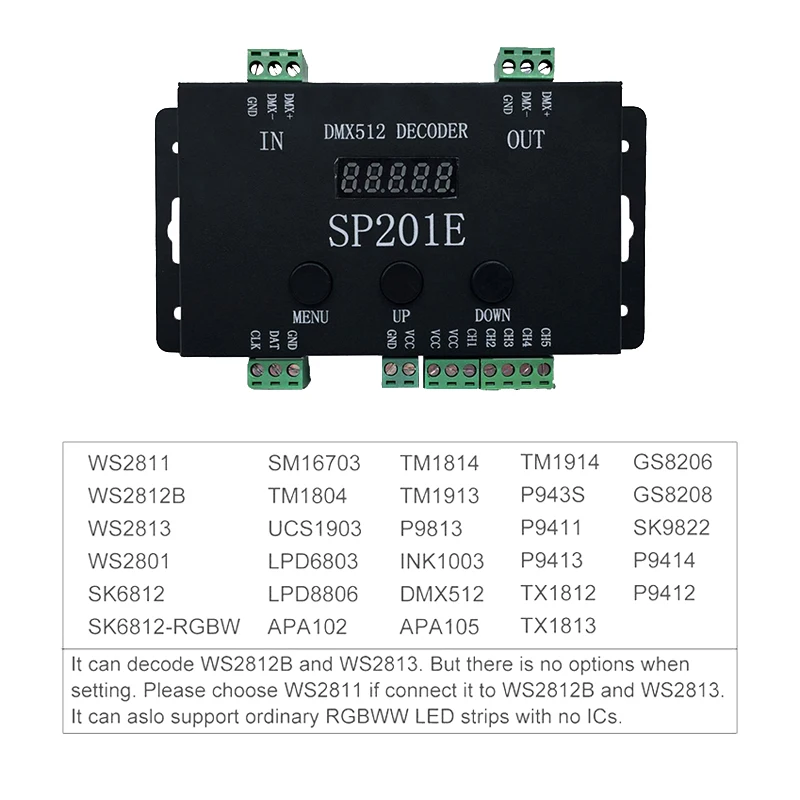 SP201E DMX512 Decoder LED SPI Controller Dimmer 1024 Pixel 5-24V for WS2812B RGB Magic Color Light Bar Stage Engineering Control