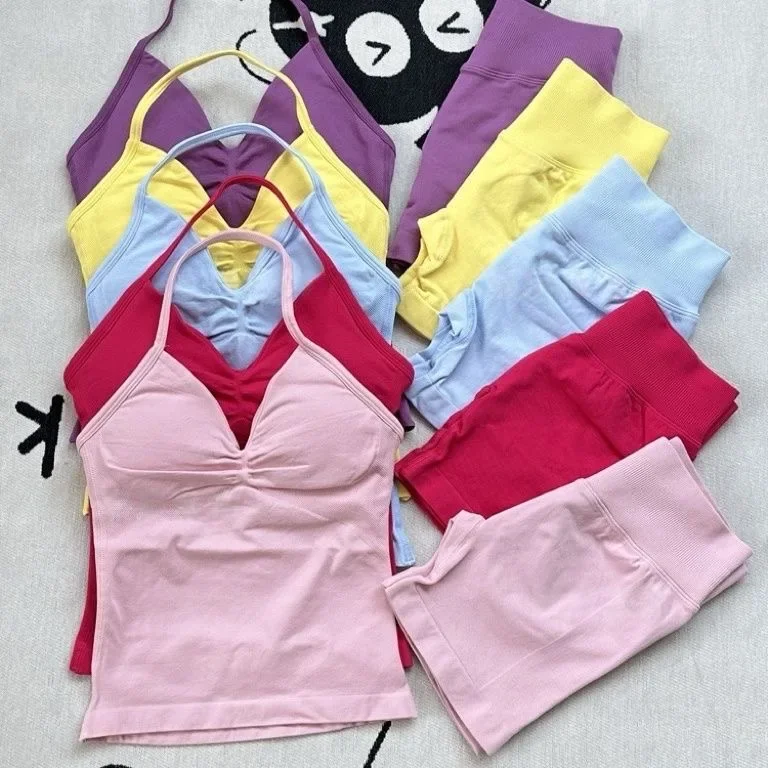 

2Pcs Set Yoga Strappy Vest&Shorts Women Resistance Training Seamless Padded Halter Tank Top Scrunch Butt Lifting Gym Shorts Set