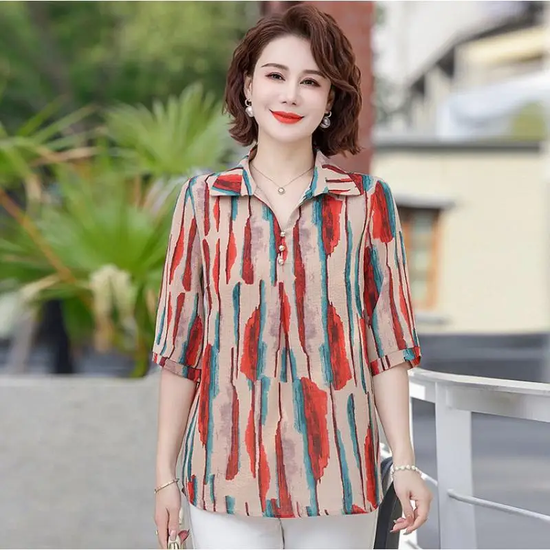 Summer Women\'s Pullover Printings Square Collar Half Sleeve Floral Button Chiffon Shirt Loose Elegant Fashion Vacation Tops