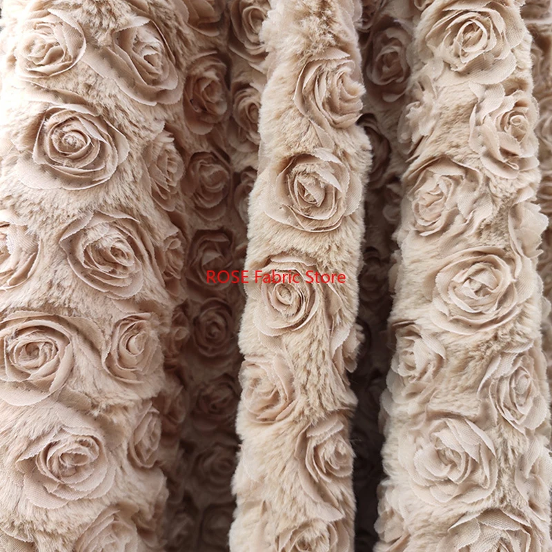 3D Plate Rose Flower Embroidered PV Velvet Rabbit Hair Fabric For Blankets, Sweaters, Bedding, Handmade DIY Sewing Fabric