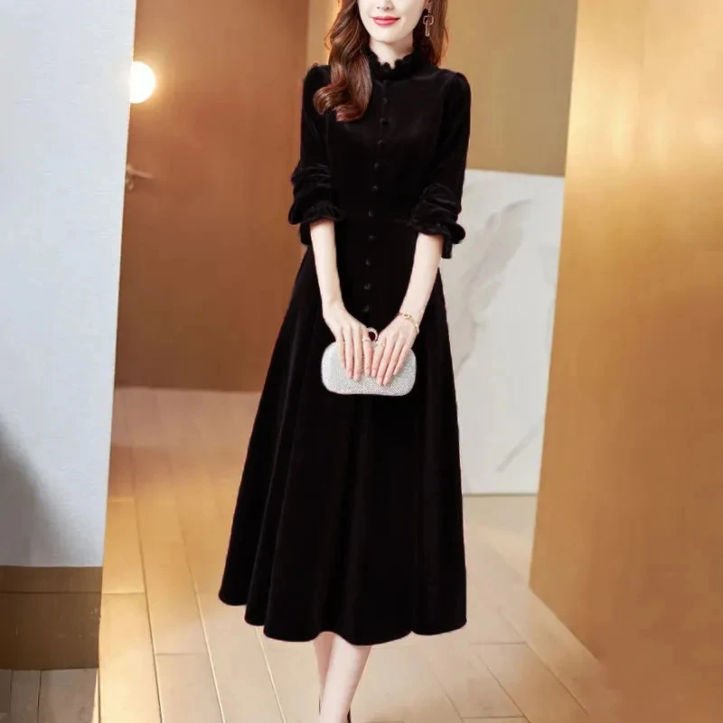 Wine Red Golden Velvet Dress Women Spring Autumn Long Sleeved Long Dresses Female Temperament Evening Party Dress Mujer Vestidos