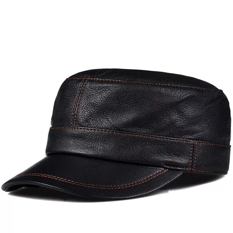 Trendy Lambskin Leather Flat Top Hat Men Single Korean Fashion Panelled White Stitch Casual Duck Tongue Cap Male Trucker Hats